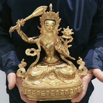  21 см Оптовая Продажа Тибетская статуя Будды медная позолота Поклонение Бодхисаттве Манджушри Статуя Будды Защита семьи Здоровье безопасность