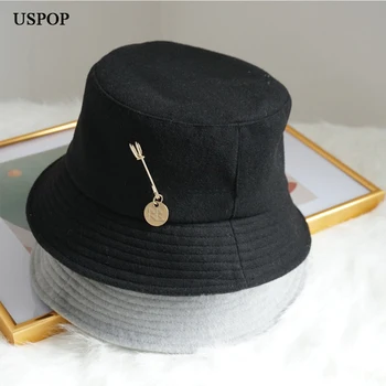  USPOP Абсолютно новые женские шапки-ведра, зимние шерстяные шапки с буквенным металлическим штифтом, панамы