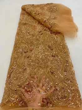  Золотая Новейшая Африканская Кружевная ткань С бисером, Высококачественная Французская Сетчатая вышивка, Блестки, Тюлевая Кружевная ткань Для вечернего платья в нигерийском стиле