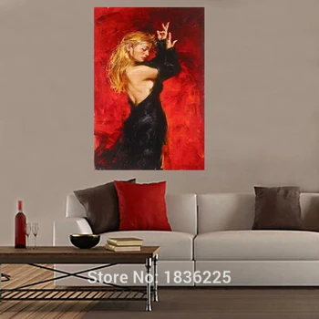  Картина Испанской Танцовщицы фламенко, Черное платье, Латиноамериканка, картина маслом на холсте, ручная роспись, картина на красном фоне