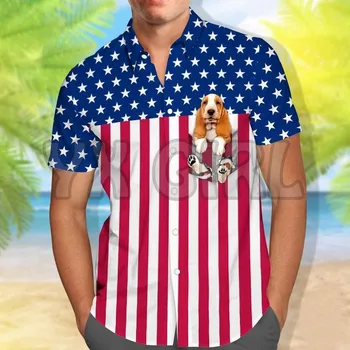  Летняя Гавайская Рубашка с 3D Принтом Бассет-Хаунда, Средний Палец, Американский Флаг, Мужская И Женская Повседневная Рубашка в стиле Харадзюку, Унисекс