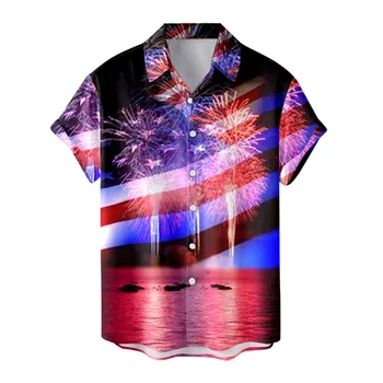  Мужская рубашка с V-образным вырезом в стиле Дня Независимости, тонкая повседневная рубашка с лацканами, винтажный 3D принт Camisa