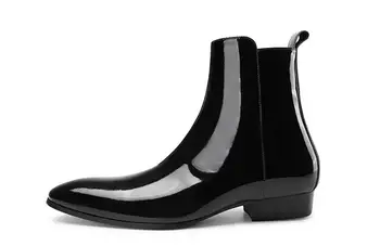  Мужские ботинки на низком каблуке, верх из лакированной кожи, модный острый высокий каблук, молния сбоку, глянцевые черные модельные ботинки Челси
