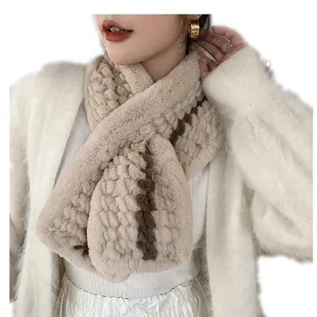  Новый женский Зимний модный шарф из натурального меха кролика Рекс, вязаный шарф для шеи, утолщающий пушистый воротник