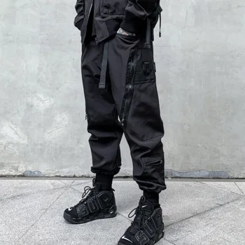  Функциональные брюки-карго Унисекс с несколькими карманами, Комбинезон с эластичной резинкой на талии, Мужская одежда в стиле Харадзюку, хип-хоп, Уличная одежда, Леггинсы с лентой
